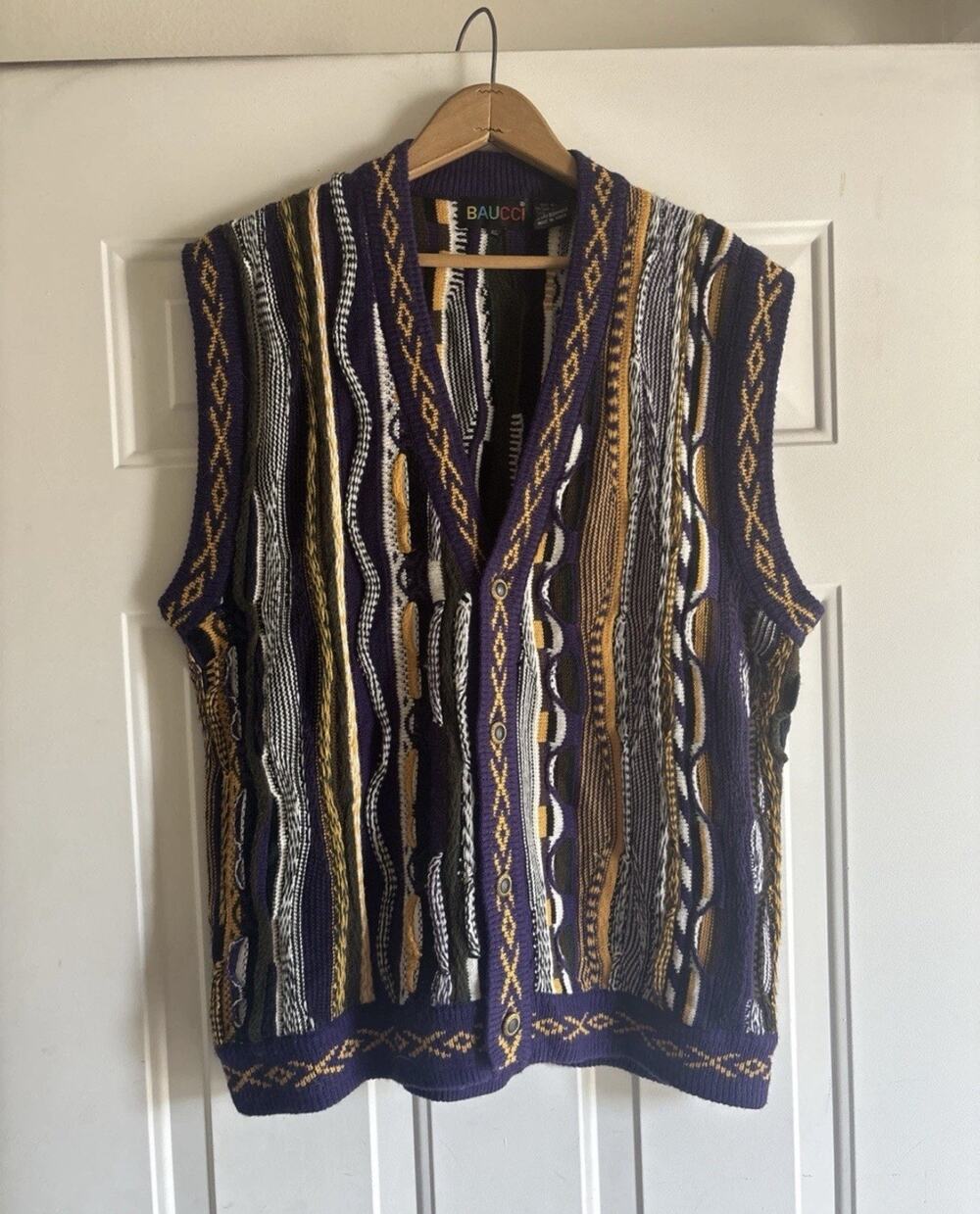 VTG Baucci Coogi Style Patchwork 3D Knit Sweater Vest PURPLE Yellow LSU XL